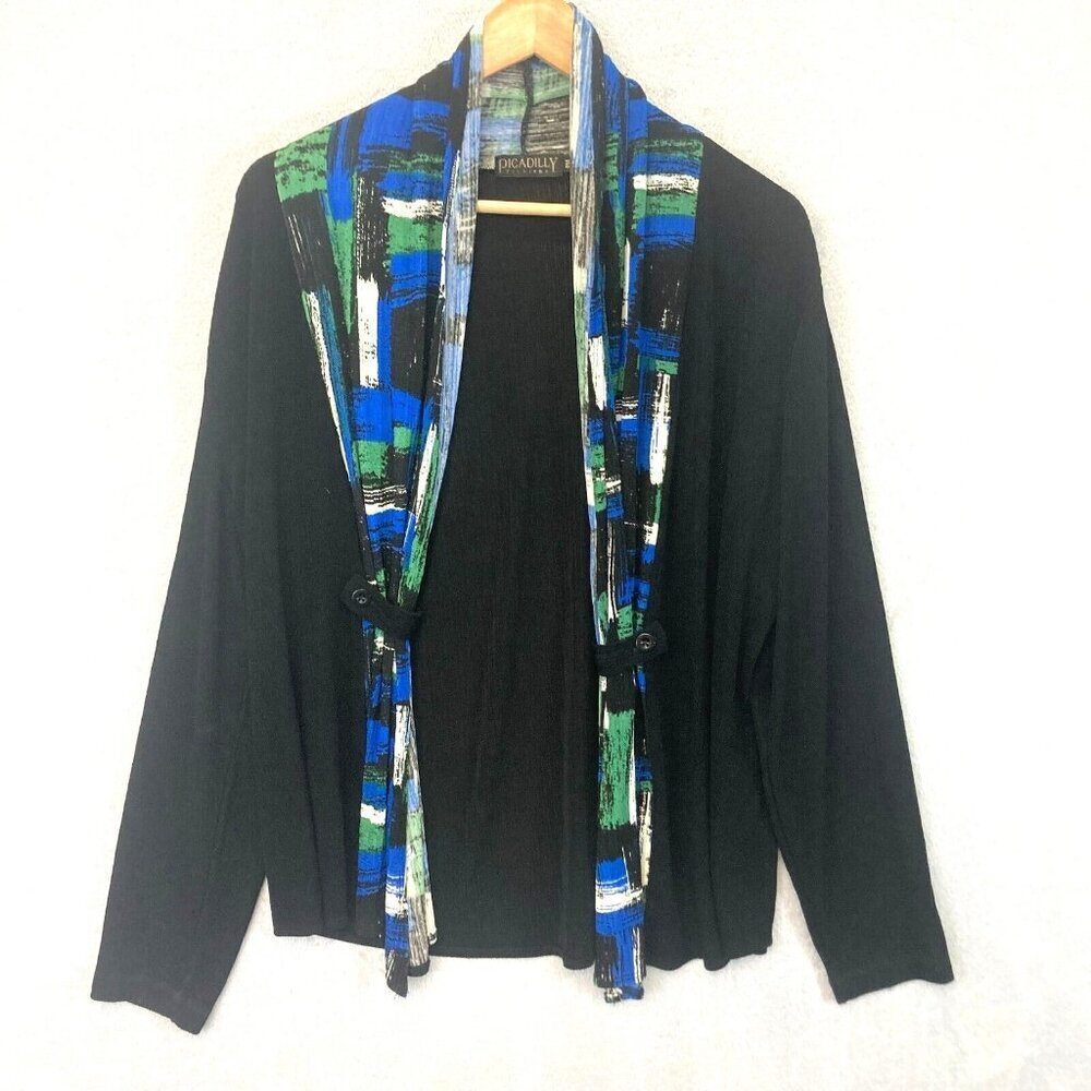 Picadilly Fashions Slinky Liquid Knit Cardigan PM Petite Black Blue Green Trim